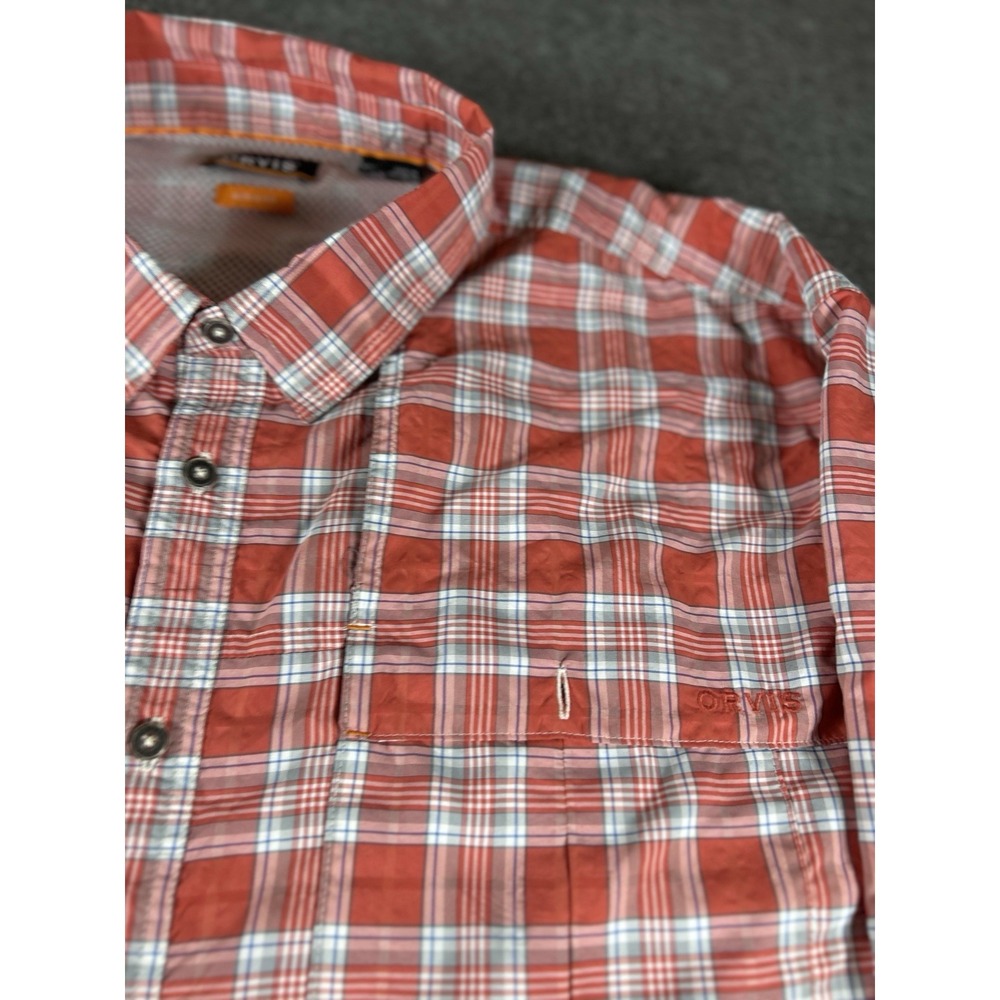 Orvis Mens XXL Active Fit Plaid Fishing Shirt Roll Tab Long Sleeve Orange White